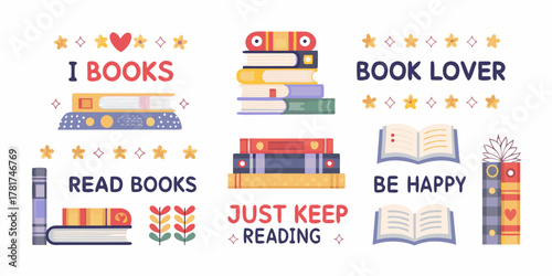 Collection of cute book illustrations with inspirational quotes about reading and happiness