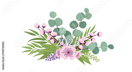 Celebrate 2026 with this lush floral arrangement, perfect for new year designs, invitations, and festive greetings with a touch of spring elegance