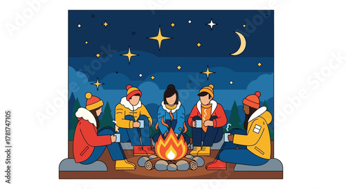 Diverse group friends sitting around campfire at night, sharing stories and hot drinks under starry sky, enjoying cozy outdoor winter evening together