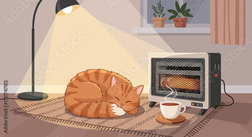 An orange tabby cat sleeps curled up on rug in front space heater and cup hot tea, illuminated by warm lamp, creating cozy and peaceful atmosphere