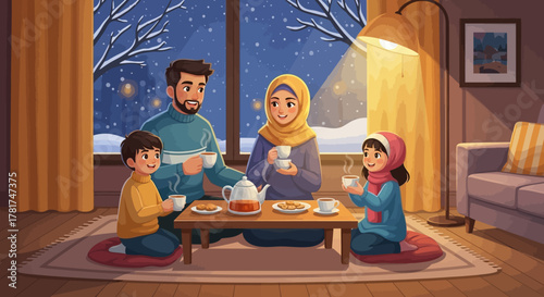 Heartwarming scene muslim family enjoying warm cup tea together indoors during snowy winter evening, sharing moment love and togetherness by the fireplace
