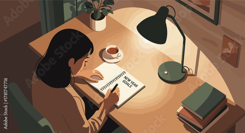 Woman sits at desk in cozy room, writing in notebook with new year goals visible, illuminated by desk lamp, with cup coffee and books nearby, suggesting reflection and planning