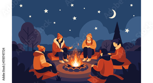 Group friends sitting around campfire at night, sharing stories and enjoying the warmth the fire under starry sky, with trees in the