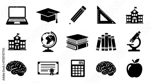 Education and learning icons set isolated on white background, school and university items