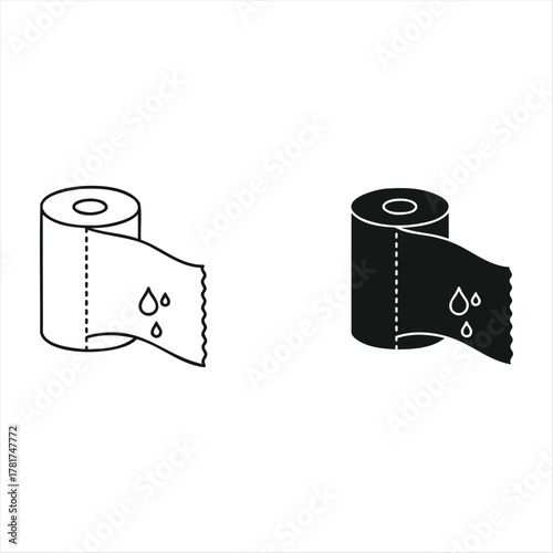 Absorbent Paper Roll Icon: A simple line art illustration featuring an absorbent paper roll, with a single tear revealing a hint of the inner layers and a few water droplets.