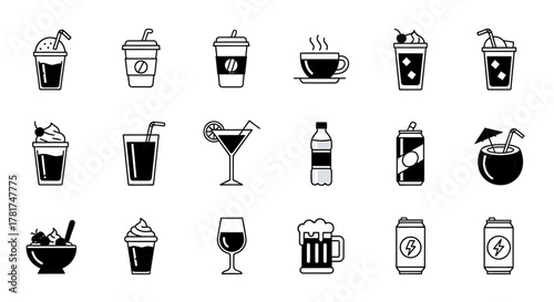 Drinks and beverages icons set isolated on white background, coffee and cocktail items