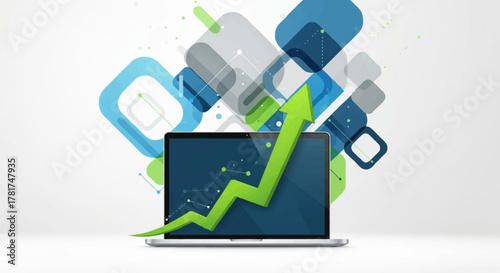 Abstract digital representing financial growth and success, featuring laptop with vibrant green upward trending graph against backdrop colorful geometric shapes and digital elements