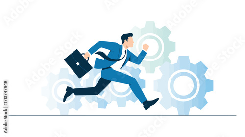 businessman running with briefcase in front of gears, concept of productivity, urgency, workflow, corporate effort, professional motion