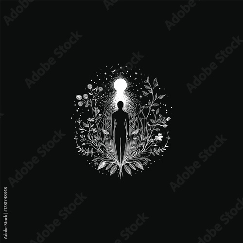 Mystical black and white illustration depicting a human silhouette standing amidst a rich, circular arrangement of hand-drawn botanical elements, with a bright moon or portal of light above the head