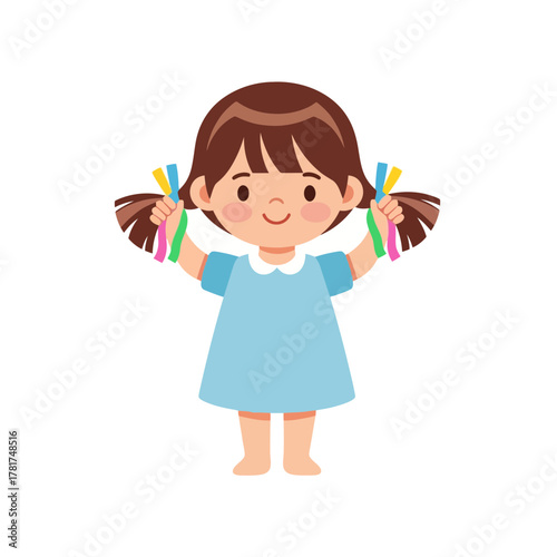 A Happy Little Girl Holding Up Colorful Ribbons in Her Pigtails