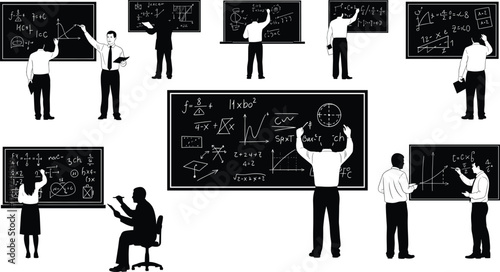 Teacher, student, professor, scientist, mathematician, physicist, classroom, blackboard, equations, formulas,  