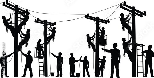 Utility line workers, electrical repair silhouettes, power pole maintenance, lineman climbing, safety harness, teamwork illustration, energy industry, construction  