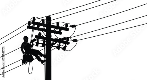 utility worker climbing pole silhouette, electrical line repair vector, power line maintenance artwork, lineman safety design, black white worker illustration, infrastructur tr
