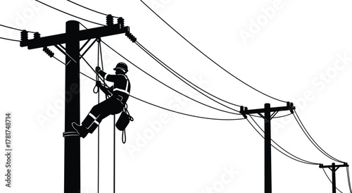 Utility worker climbing power pole, electrical line maintenance, silhouette illustration, safety gear harness, electricity infrastructure, energy distribution, lineman job, construction work