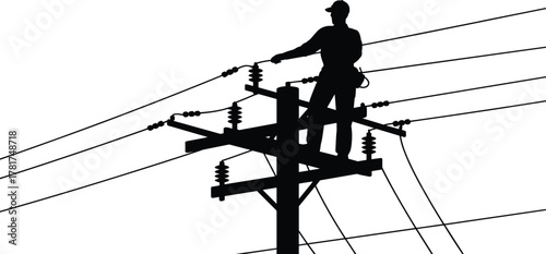 Utility worker on power pole, electrical line repair, silhouette illustration, safety harness helmet, electricity infrastructure, energy maintenance, lineman job, construction work