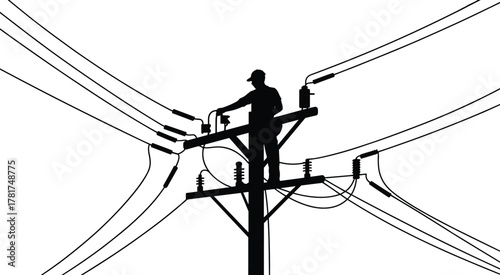 Utility worker silhouette on power pole, electrical line repair, safety helmet gear, electricity infrastructure maintenance, lineman job illustration, energy distribution, construction work
