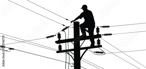 Utility worker, power pole, electrical repair, silhouette vector, safety gear, lineman job, harness, cable, flavector, infrastructure, insulator, maintenance, black illustration, occupational, skilled