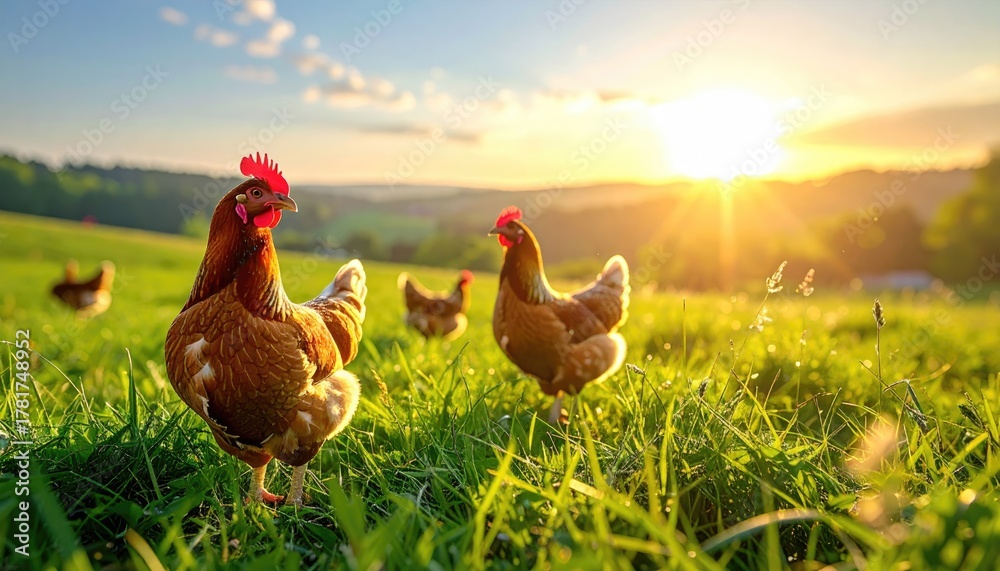 Obraz premium Two Brown Chickens Grazing in a Lush Green Field During a Golden Sunset with Soft Sunlight Rays and Hills in the Background