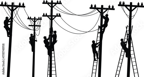 Silhouette utility workers climbing poles, electrical line repair, safety gear, teamwork, skilled trades, black vector illustration, power grid maintenance