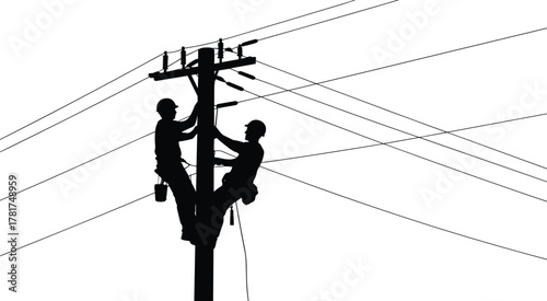 Utility, lineman, power, pole, silhouette, workers, electricity, maintenance, safety, teamwork, harness, helmet, infrastructure, danger, repair, outage, high-voltage, climb, cable, job