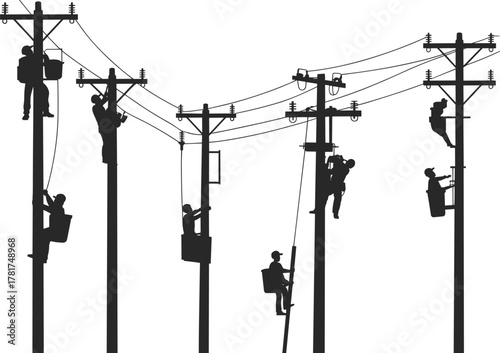 Utility, lineman, silhouette, workers, power, pole, climb, repair, maintenance, safety, gear, helmet, harness, cable, teamwork, infrastructure, outage, high-voltage, job, transformer