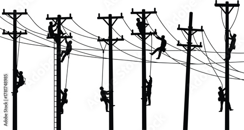 Silhouette linemen on utility poles, electrical repair, climbing gear, teamwork, power line maintenance, skilled trades, black vector illustration, safety focus