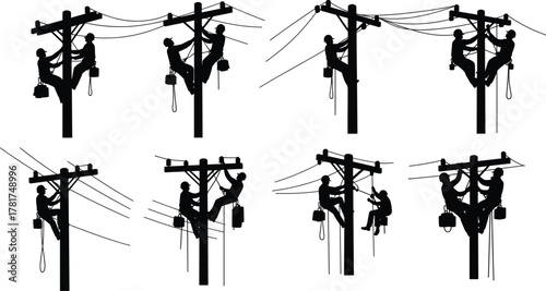 Silhouette utility workers on poles, electrical line repair, climbing gear, teamwork, skilled trades, black vector art, safety harness, power grid