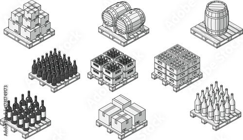 wine storage pallet illustration, warehouse logistics vector, wine bottle packaging design, wooden barrel artwork, cardboard box storage, supply chain icon, 