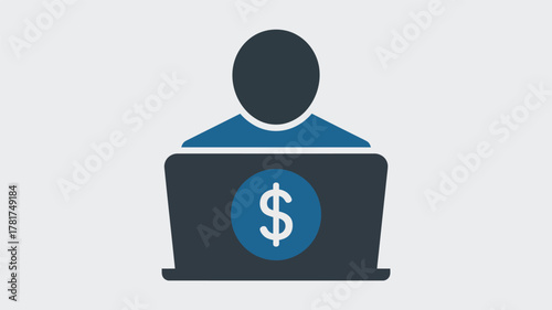 minimalist illustration of a person using laptop with dollar sign, symbolizing online finance, remote work, digital earnings, and e-commerce