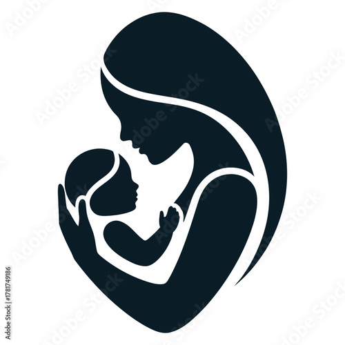 black silhouette of mother holding baby in profile, symbolizing maternal love, care, bonding, and emotional connection in minimalist style