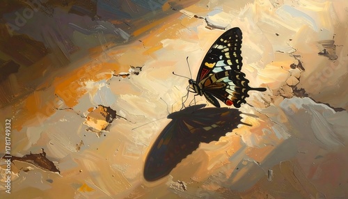 A vibrant butterfly with patterned wings rests on a textured surface, casting a detailed shadow below. Warm, earthy colors dominate the scene