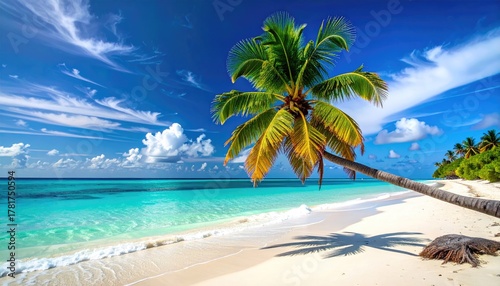 Fototapeta Naklejka Na Ścianę i Meble -  Tropical Palm Tree Overhanging a Pristine White Sand Beach with Crystal Clear Turquoise Ocean Water and Bright Blue Sky with Fluffy Clouds