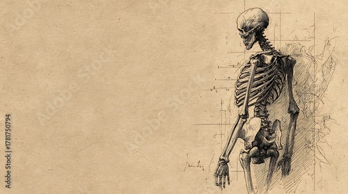 Vintage human skeleton sketch in black ink on textured paper. anatomical study illustration with m