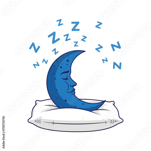 A sleeping moon on a pillow symbolizes mental health, stress relief, and inner peace, promoting a calm mind and emotional balance for overall well-being, tranquility, and healing energy