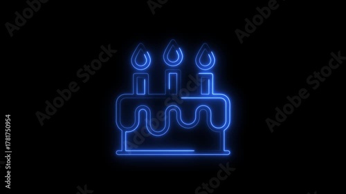 Blue Neon Birthday Cake Icon With Three Candles On Black Background Keywords: birthday cake