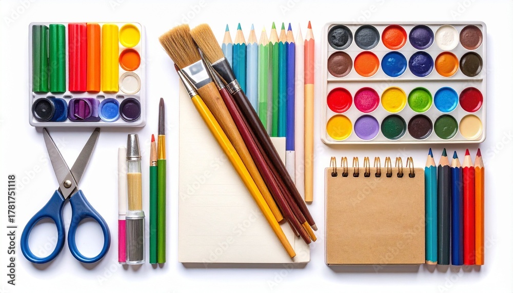 Fototapeta premium A Spiral Sketchpad Surrounded by Art Supplies and a Watercolor Bloom—Celebrating Creativity, Color, and the Joyful Process of Artistic Expression Through Pencils, Paints, and Imagination on a Blank