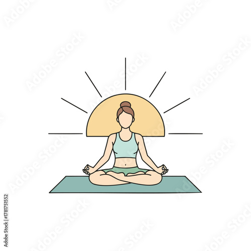 Illustration of a woman meditating in a lotus yoga pose on a mat with a sun symbol.