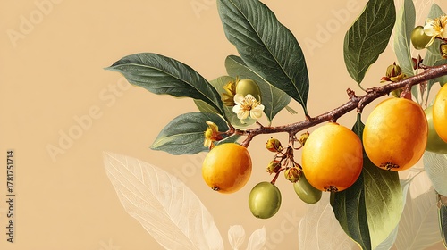 Ripe Loquat Fruits and Blossoms on Branch. Green Leaves. Detailed Botanical Illustration. Soft Bei