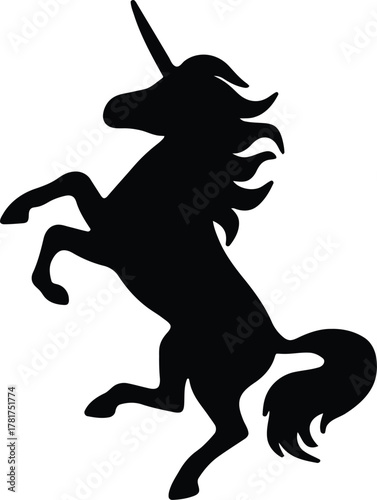 Silhouette of a majestic unicorn rearing up on its hind legs with a flowing mane and tail