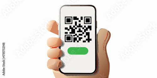 Person holding a smartphone displaying a qr code and a green button for scanning or payment