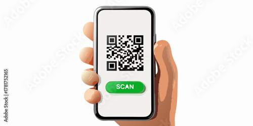 Hand holding a smartphone displaying a qr code and a green scan button on a white background