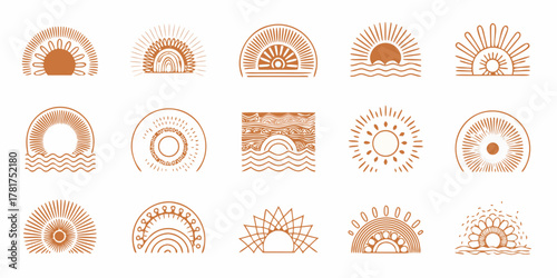 Collection of boho style sun and wave icons in warm earth tones