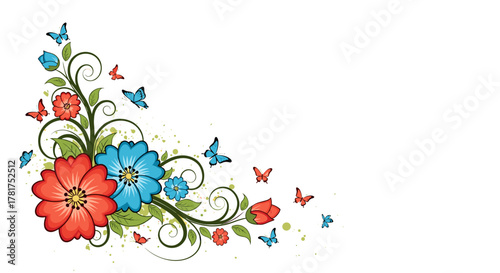 An enchanting floral arrangement with vibrant red and blue blossoms dancing with delicate butterflies in a whimsical garden scene.