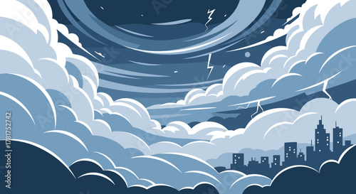 A dramatic stormy sky looms over a silhouetted cityscape.