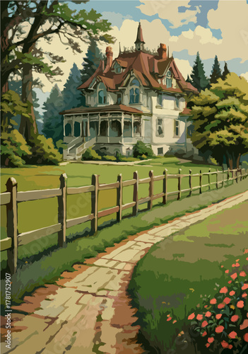 Countryside path leading to classic villa