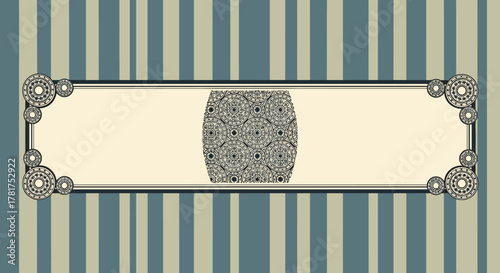 Vintage ornate rectangular frame with decorative corners and a central abstract pattern on a striped background.