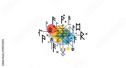 An abstract composition of ancient symbols and geometric patterns in vibrant colors.