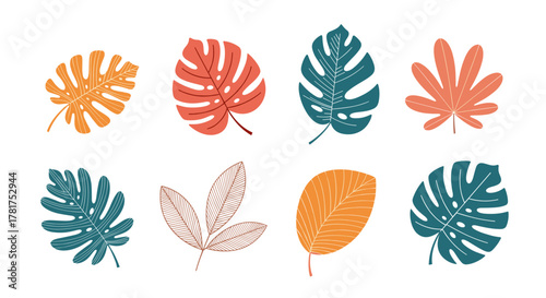 A collection of vibrant tropical leaves in various shapes and colors.
