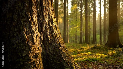 The play of light and shadow gradually shifts across a majestic tree trunk as the sun rises higher, revealing textures in a serene forest timelapse peaceful, meditation, natural beauty