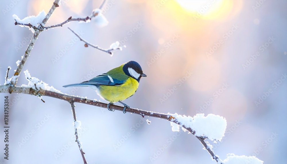 Fototapeta premium 雪をかぶった白樺の枝に、一羽のシジュウカラが朝の光に向かって静かにとまる。背景には柔らかなボケと舞う雪が広がり、穏やかな冬の森の空気を感じさせる。
